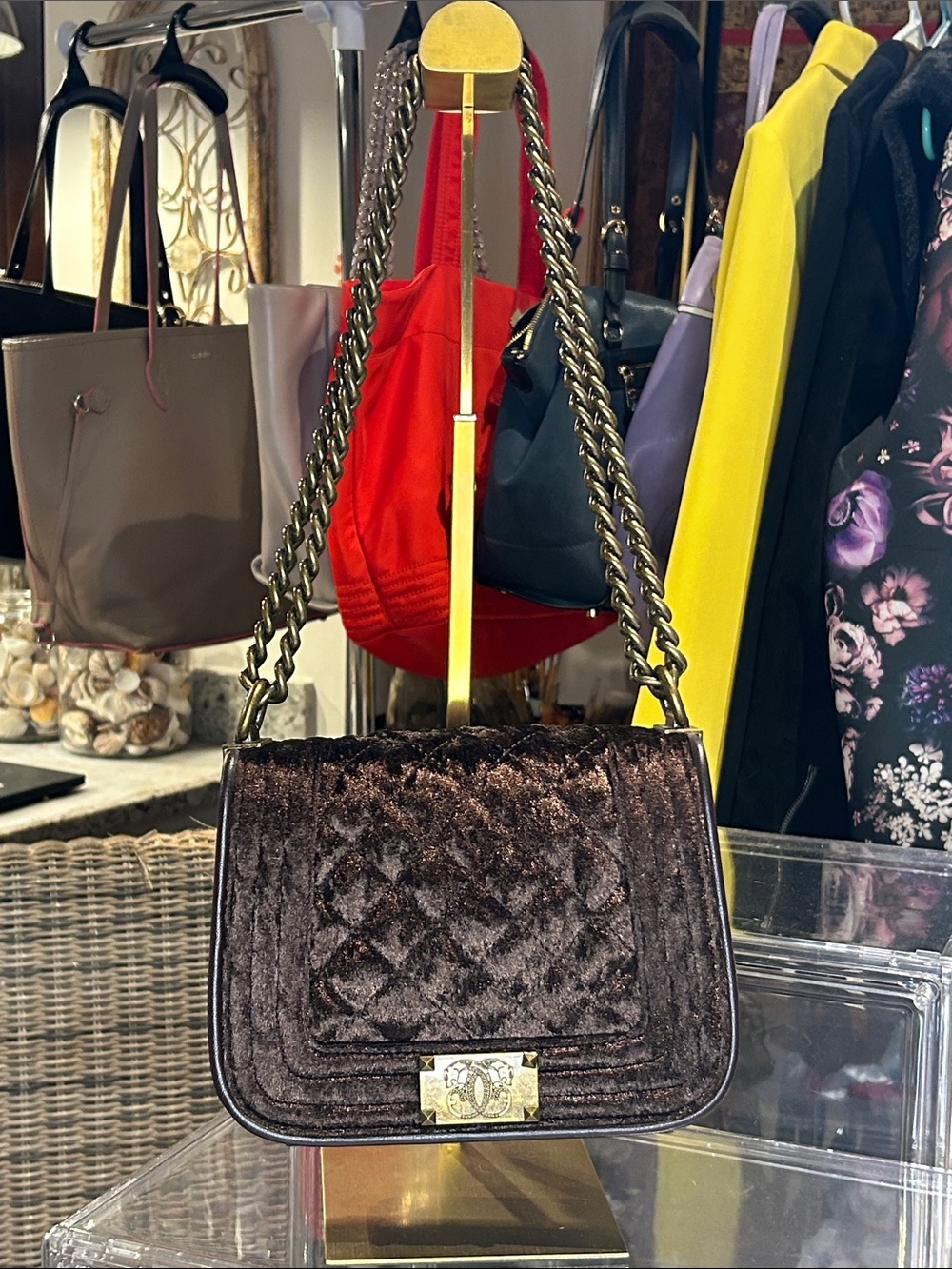 Sharif Brown Quilted Velvet Shoulder Bag with Chain Strap 8.25”x 3.25”x 6.5” New - Picture 2 of 8